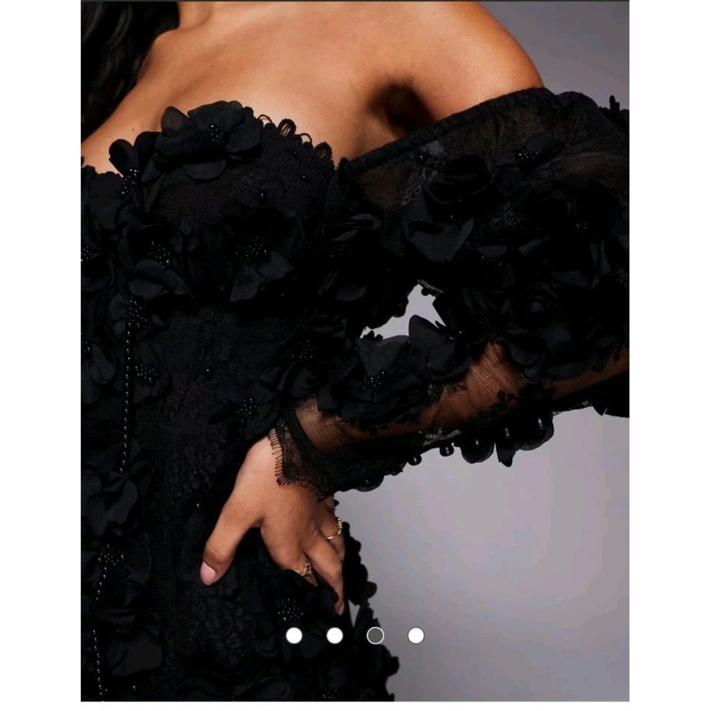 ASOS LUXE 3D Floral Beaded Black Off The Shoulder Puff Sleeve Mini Dress NWT - Picture 3 of 13